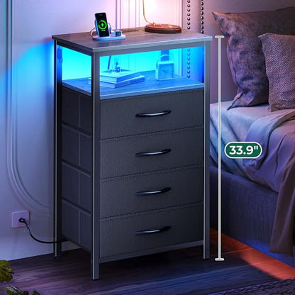 Huuger Night Stand with Charger Station and LED Lights, 4 Drawer Nightstand, Bed Side Table with Open Shelf, End Table, Fabric Dresser for Bedroom, Grey - color: Grey, size: 11.8"D x 15.7"W x 33.9"H（4 Drawers）
