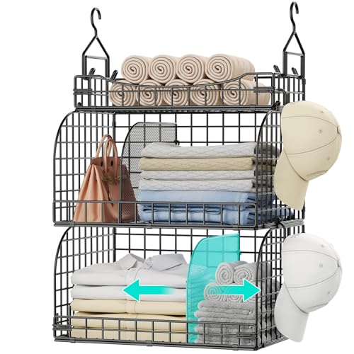 HapiRm Hanging Closet Organizer Storage - 3 Tier Metal Stackable Hanging Closet Shelves with Dividers and S Hooks, Foldable Clothes Shelves for Clothes, Pants, Shoes, Coat, Hats Clutches Accessories - color: Black, size: 3-Tier