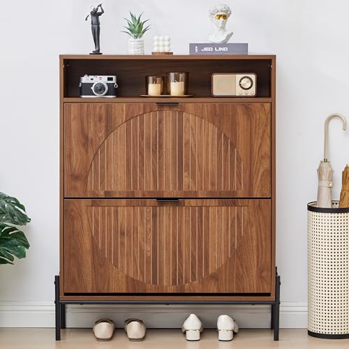 FurSch Fluted Shoe Cabinet with 2 Flip Drawers, Slim Freestanding Hidden Shoe Cabinet Organizer, Narrow Shoes Storage Rack for Entryway (All Walnut-2 Drawers, 9.45" D x 31.5" W x 41.93" H) - color: All Walnut-metal Legs, size: 2 Drawers