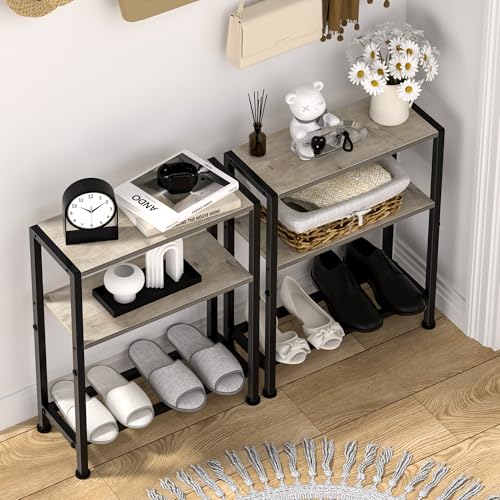 Narrow Side Table Set of 2 for Small Space, 2-Tier Small End Table with Shelf Holder, Slim Nightstand, Skinny Snack Couch Table in Living Room, Bedroom, Study, Kitchen and Balcony (Greige) - color: Greige