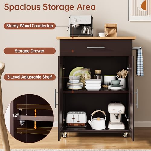 Mobile Kitchen Island on Wheels, Large Drawer, Dark Coffee | On Wheels, Large Drawer, Adjustable Shelf, Towel Rack, Rolling Island Table,for Kitchen & Dining Room - size: Small Kitchen Island, style: Modern Dark Coffee
