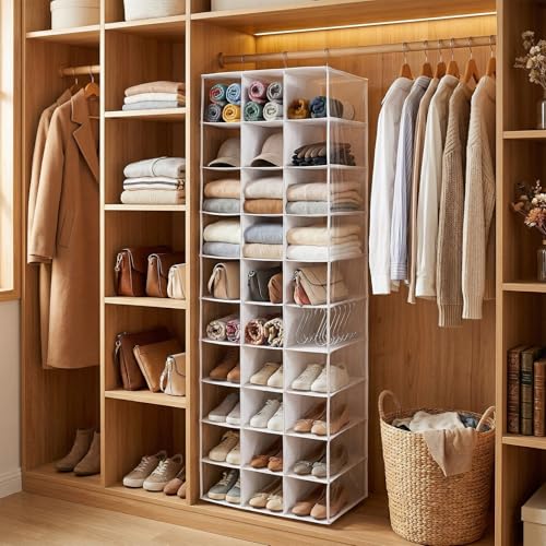 Hanging Shoe Closet Organizer, 30 Sections Hanging Closet Organizers and Storage Shelves with 6 Mesh Pockets, Space Saving Shoe Rack Holder Hanger, White - color: White