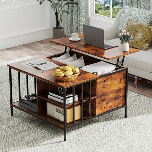31.5" Farmhouse Coffee Table, Lift Top Coffee Square Table with Storage Compartment, Wooden Rustic Cocktail Table for Living Room, Bedroom, Apartment, Studio, Walnut - color: Walnut