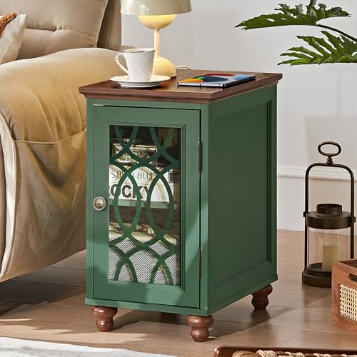 Joaxswe Narrow Side Table with Glass Door, 18 x 14'' Night Stand with Adjustable Shelf Storage Cabinet Organizer, Bedside End Tables Wood Nightstand for Small Spaces Living Room Bedroom - color: Christmas Green, size: without Charger
