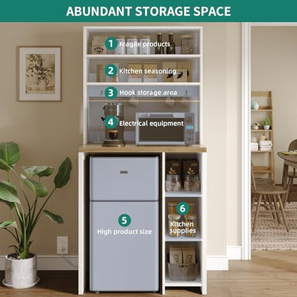 DWVO White Mini Fridge Cabinet Stand with Storage, 6-Tier Bakers Rack with Power Outlet, Kitchen Microwave Stand Farmhouse Tall Coffee Bar Station for Dining Room Living Room Dorm Office | Fits mini fridge, 6-tier storage, built-in power outlet, farmhouse