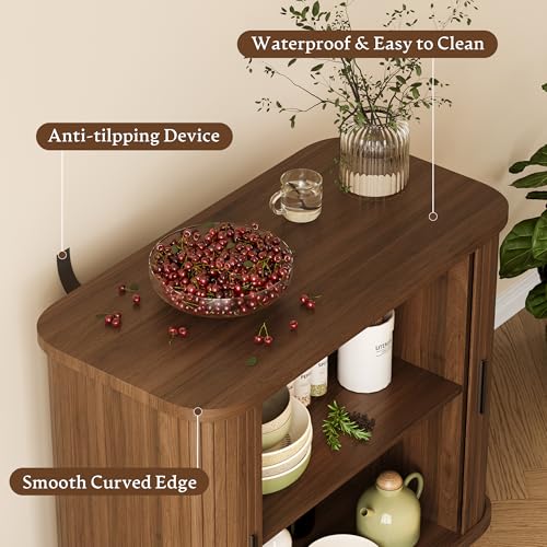 Sideboard Buffet Cabinet with Sliding Door, 31.5" Wide Fluted Modern Accent Storage Cabinet with Adjustable Shelves, Wood Coffee Bar Buffet Console Table for Kitchen, Dining Room, Living Room, Walnut - color: Walnut