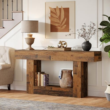 Tribesigns 63-Inch Long Console Table, 2-Tier Entryway Table Sofa Table with Storage, Farmhouse Wood Behind Couch Table for Living Room, Hallway, Rustic Mixed Brown - color: Rustic Mixed Brown
