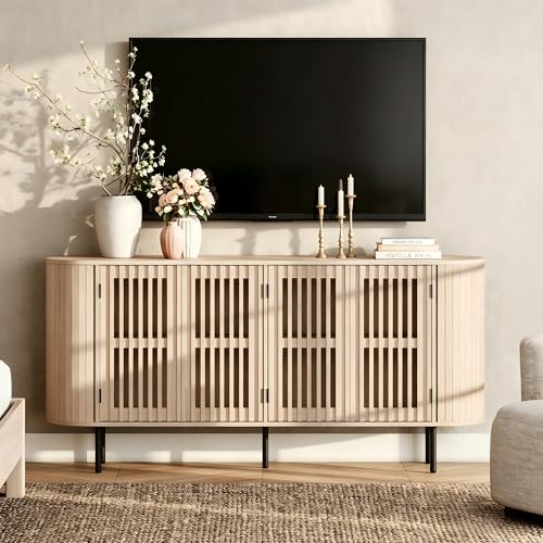 WAMPAT 64.4" Fluted TV Stand, Wood Entertainment Center for TVs Up to 70 inches, Curved Edge Media Console Table with Doors and Shelves for Living Room, Bedroom, Natural - color: Natural