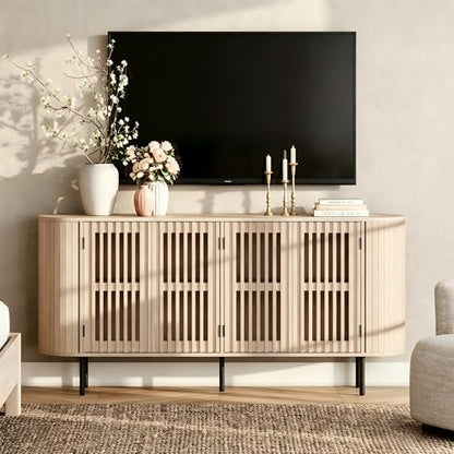 WAMPAT 64.4" Fluted TV Stand, Wood Entertainment Center for TVs Up to 70 inches, Curved Edge Media Console Table with Doors and Shelves for Living Room, Bedroom, Natural - color: Natural