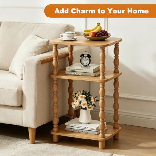 Small Side Table, 3-Tier End Table, Natural Wood | Farmhouse Style, Modern Accent, Narrow Design for Small Spaces, Bedroom & Living Room - color: Natual Wood, size: Standard