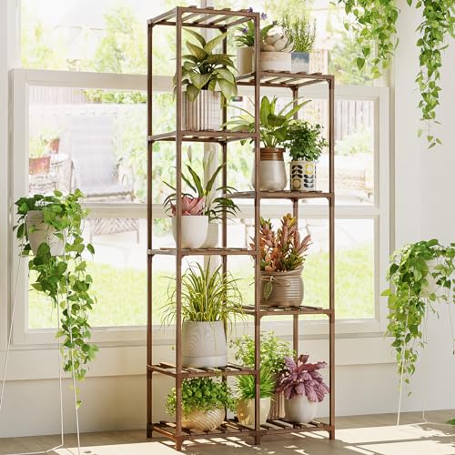 Bamworld Plant Stand Indoor Outdoor 9 Tier Tall Large Wood Plant Shelf Multi Tier Flower Stands Garden Shelves Wooden Plant Display Holder Rack for Living Room Corner - color: Brown, size: 9 pots
