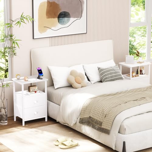 Night Stand, White Nightstands Set of 2 for Bedroom | Small Bedside Table with 2 Fabric Drawers, End Tables Living Room, Bed Side Table with Open Storage Shelf - color: White