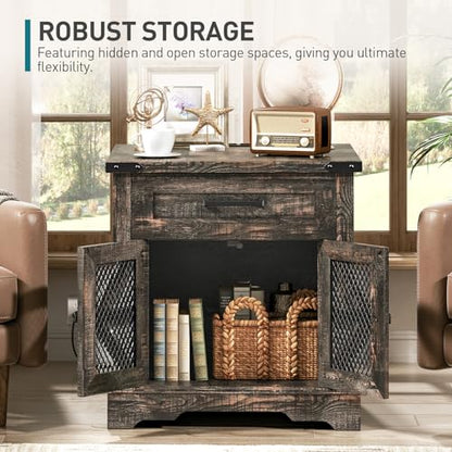 RALGEND Farmhouse End Table with Charging Station, 24" Large Sofa Side Table with Drawer, Large End Table for Living Room, Wooden Nightstand with Outlet, Square, Dark Rustic Oak - color: Dark Rustic Oak