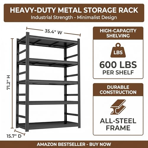 5 Tier Metal Bookshelf with Anti-Drop Fence, 72" H Adjustable Tall Bookcase, Heavy Duty 3000 LBS Modern Deep Book Shelf, Bolt-Free Storage Shelves for Living Room, Home Office, Garage - size: Upgraded-36"W x 16"D x 72"H