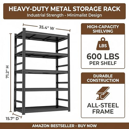 5 Tier Metal Bookshelf with Anti-Drop Fence, 72" H Adjustable Tall Bookcase, Heavy Duty 3000 LBS Modern Deep Book Shelf, Bolt-Free Storage Shelves for Living Room, Home Office, Garage - size: Upgraded-36"W x 16"D x 72"H