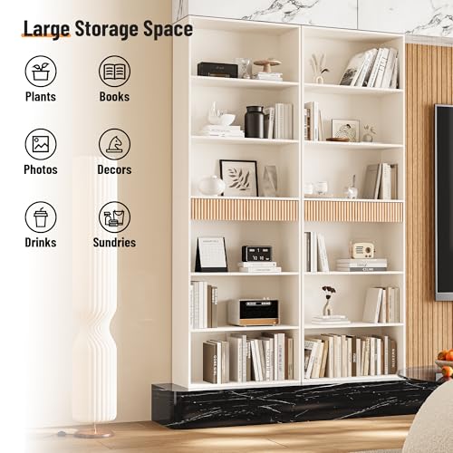 INNOD 72" Tall Bookshelf with Storage, 7-Tier Bookcase Fluted with Drawer, Display Book Shelf Book Organizer with Anti-tip Device, Home Decor Wood Furniture for Bedroom, Living Room and Office, White