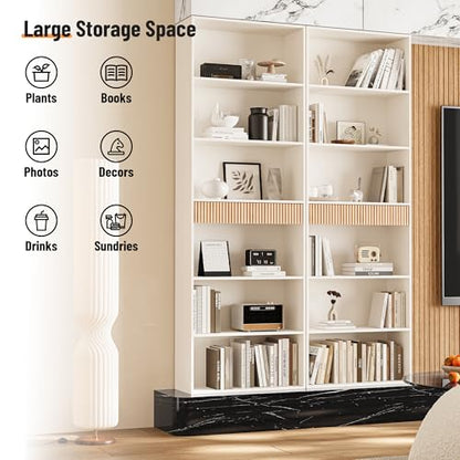 INNOD 72" Tall Bookshelf with Storage, 7-Tier Bookcase Fluted with Drawer, Display Book Shelf Book Organizer with Anti-tip Device, Home Decor Wood Furniture for Bedroom, Living Room and Office, White