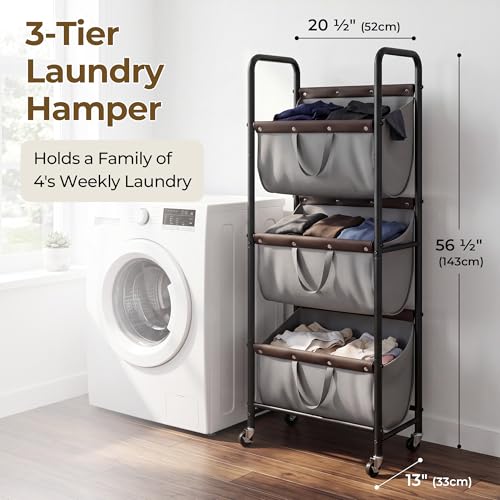 GRANNY SAYS 3 Tiered Laundry Sorter, Narrow Hamper Cart with Wheels, Grey - color: Grey