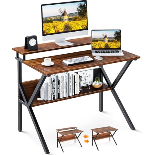 ODK Small Desk, 27.5 Inch Computer Desk for Small Spaces, Study Desk with Storage & Monitor Stand, Deep Brown - color: Deep Brown