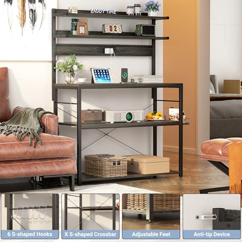 Aheaplus Bakers Rack with Power Outlet, Microwave Stand, 5 Tiers Coffee Bar Station with Led Lights, Kitchen Storage Shelf with 6 S-shaped Hooks, Kitchen Rack Coffee Bar Stand, Grey Oak - color: Black Oak, size: 31.5 inch