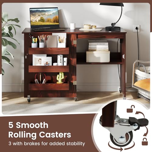 DREAMADE Folding Sewing Table with Storage, Craft Table w/Charging Station, 5 Lockable Wheels, Storage Bins & Shelf, Sewing Machine Desk for Home Office, Apartment, Studio (Brown) - color: Brown