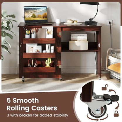 DREAMADE Folding Sewing Table with Storage, Craft Table w/Charging Station, 5 Lockable Wheels, Storage Bins & Shelf, Sewing Machine Desk for Home Office, Apartment, Studio (Brown) - color: Brown