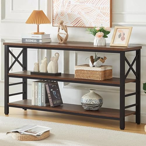 HOMBAZAAR Sofa Table,Industrial Console Table with Storage,Entryway Table with Engineered Wood and Metal,Rustic 3 Tier Shelf for Living Room,Hallway,Brown,55 Inch - color: Brown, size: 3 Tier -（12.7"D x 55.1"W x 30"H）
