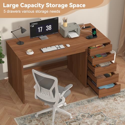 YOMILUVE 47 Inch Computer Desk with 5 Drawers and Power Outlets, Home Office Desks with Storage File Cabinet, Modern Simple Laptop Desk Writing Table for Small Spaces, Brown - color: Brown