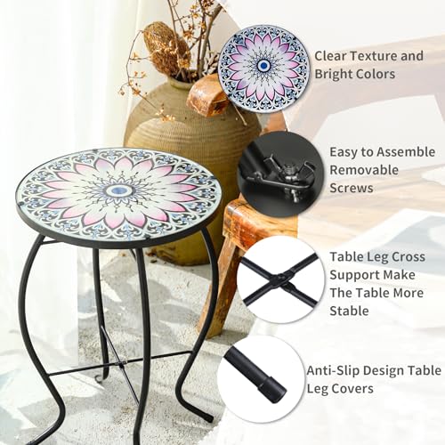 VCUTEKA Outdoor Side Table Mosaic End Table Patio Side Table Small End Tables Glass Top Round Balcony Coffee Porch Indoor Glass Top Flower 14'' - color: Flower