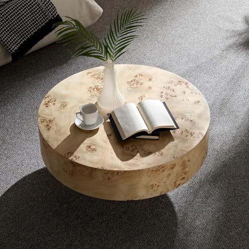 Coffee Table Round Wood 31.49" W X 13.77''h for Living Room Small Short Modern Coffee Tables Natural Burl Circle Drum Tea Center Cocktail Fluted Handcraft Home Furniture for Apartment Easy Assembly - color: 31.5 Natural Burl