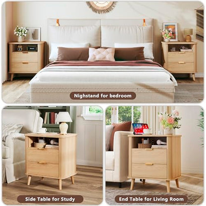 Fluted Nightstand, Night Stand with Charging Station, Mid Century Modern Bedside Table with Drawer & Open Shelf, Curved Profile Design, End Side Table with Storage for Bedroom, Oak - color: Natural Oak
