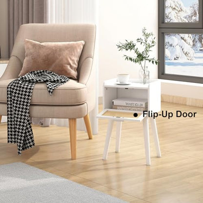 LAATOOREE Nightstand Set of 2, Small White Bedside Table, End Table with Rattan Door, Boho Side Table with Solid Wood Legs for Bedroom Living Room Small Space - color: White, style: Boho Style