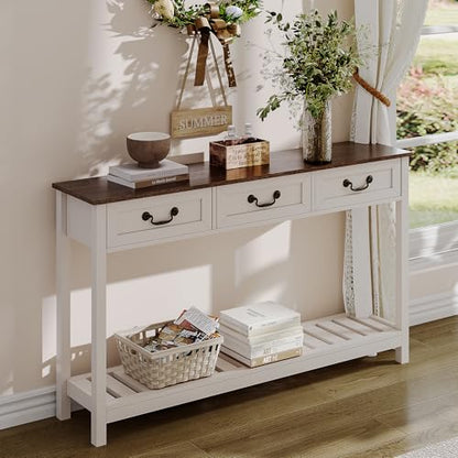 ChooChoo Farmhouse Console Table with 3 Drawers, Rustic Entryway Table, Narrow Long Sofa Table for Living Room, Hallway, Behind Couch, Soft White and Brown - color: Soft White and Brown, size: 11.81"D x 53.1"W x 31.3"H