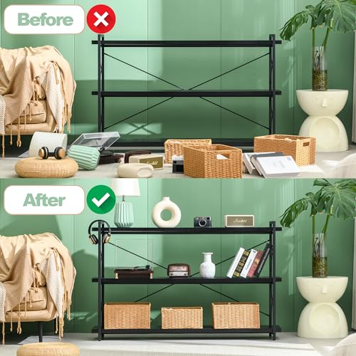 HCHQHS Bookshelf, 3-Tier Long Industrial Bookcase, Black Open Book Shelf, Freestanding Horizontal Bookshelves with Metal Frame - color: Ebony Black, size: 3-Tier (56.7"W x 35.8"H)