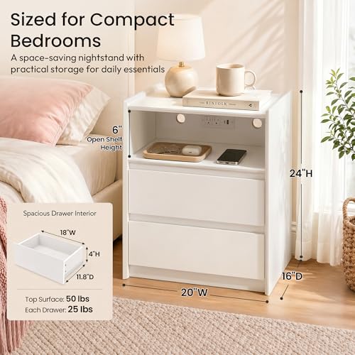 24" Tall Nightstand with Charging Station Including USB-C, Modern Bedside Table and Sofa End Table - White, 2 Drawers, 1-Pack - color: White, size: 1-Pack, style: 2 Drawers