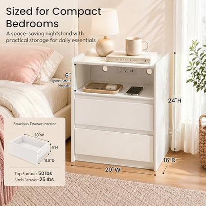 24" Tall Nightstand with Charging Station Including USB-C, Modern Bedside Table and Sofa End Table - White, 2 Drawers, 1-Pack - color: White, size: 1-Pack, style: 2 Drawers