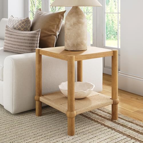Nathan James River Modern Coastal Side Table with Solid Wood Legs and Seagrass Storage Shelf, Light Brown - color: Light Brown/Seagrass, size: Single