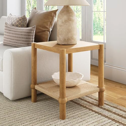 Nathan James River Modern Coastal Side Table with Solid Wood Legs and Seagrass Storage Shelf, Light Brown - color: Light Brown/Seagrass, size: Single