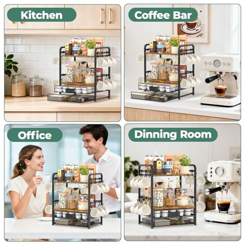 EsLuker.ly Coffee Bar Organizer Station Shelf Mug Holder for Countertop, 4 Tier Mug Holder Stand with 12 Hooks, K Cup Pod Drawer - color: Black+Brown+Brown