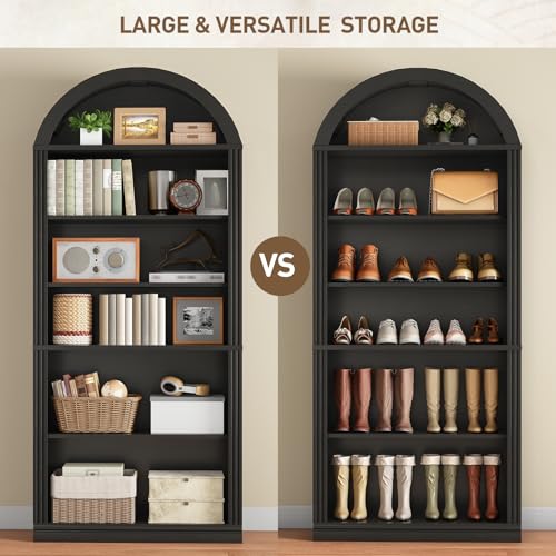 RALGEND Arched Bookshelf, 75.8" Tall Arch Bookcase with Storage, 6-Tier Farmhouse Book Shelf, Arched Cabinet, Wooden Bookshelf with Open Display Shelves, Adjustable Shelf, Office, Black - color: Black, size: 31.4"L x 11.8"W x 75.8"H