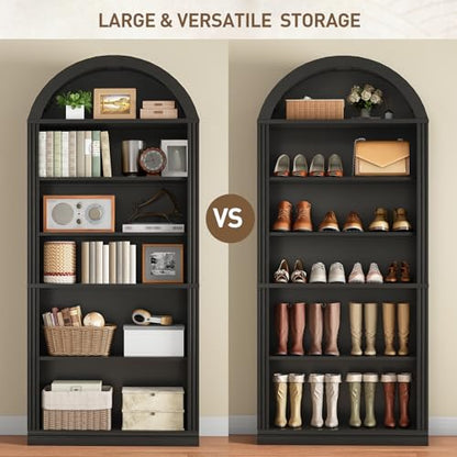 RALGEND Arched Bookshelf, 75.8" Tall Arch Bookcase with Storage, 6-Tier Farmhouse Book Shelf, Arched Cabinet, Wooden Bookshelf with Open Display Shelves, Adjustable Shelf, Office, Black - color: Black, size: 31.4"L x 11.8"W x 75.8"H