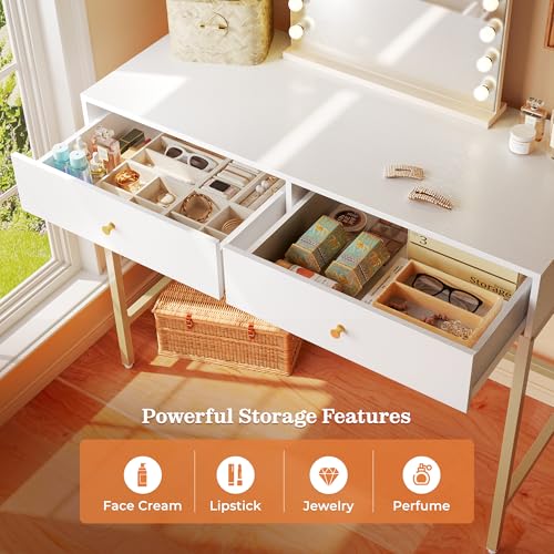 SUPERJARE Vanity Desk with Drawers, 47 inch Computer Desk, Modern Simple Home Office Desks, Makeup Dressing Table for Bedroom - White and Gold - color: White and Gold, size: 47 inch
