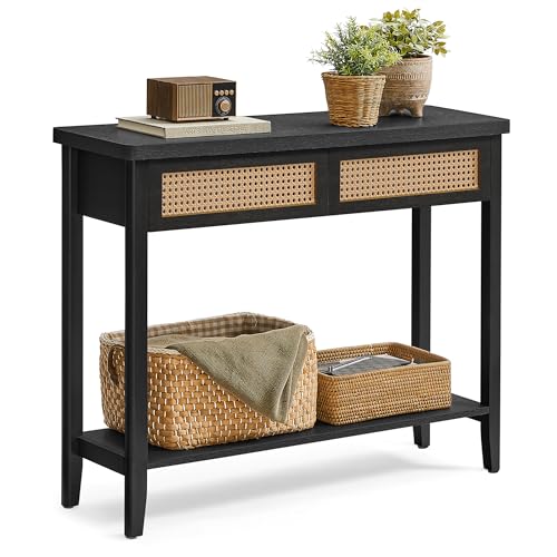 VASAGLE Console Sofa Table, Narrow Entryway Table, 2 Drawers, Open Storage Shelf, Rounded Corners, for Living Room, Boho Style, Ash Black ULNT016BF01S - color: Ash Black, size: 11.8"D
