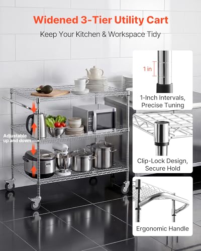 VEVOR Kitchen Utility Cart, 3 Tier Heavy Duty Adjustable Wire Storage Rack, Commercial Steel Rolling Service Trolley on Wheels, Work Table with Handle Bar, for Garage and Laundry Room, 40x25x40.9 in - size: 25"D x 40"W x 40.9"H