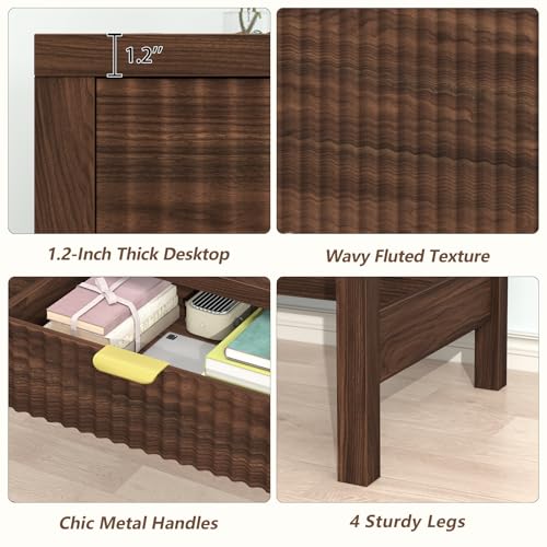 YOMILUVE Fluted Computer Desk with 2 Drawers, 39 Inch Small Computer Desk with Storage, Compact Writing Study Desk for Small Spaces, Walnut - color: Walnut