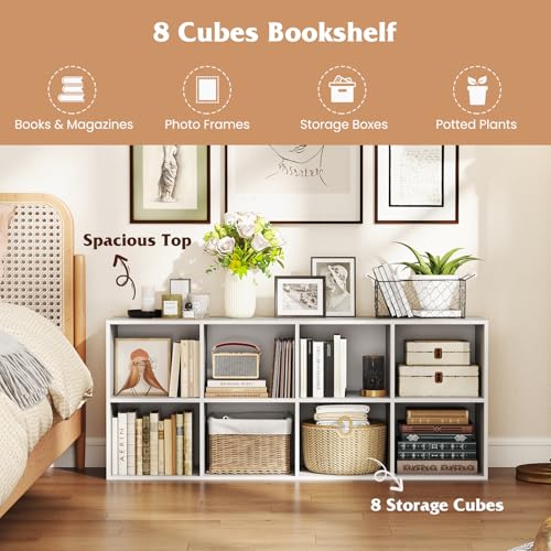 NAFORT 8-Cube Bookcase, 3-Tier Cubby Storage Organizer with 2 Anti-Tipping Kits, Vertical/Horizontal Display Shelf for Living Room, Bedroom, Study, Office, 48" W×11.5" D×24" H, White