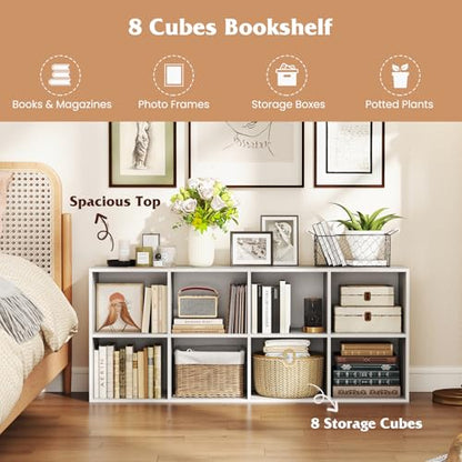 NAFORT 8-Cube Bookcase, 3-Tier Cubby Storage Organizer with 2 Anti-Tipping Kits, Vertical/Horizontal Display Shelf for Living Room, Bedroom, Study, Office, 48" W×11.5" D×24" H, White
