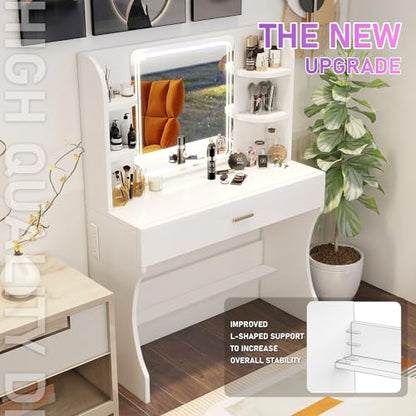 Vanity Desk, Makeup Vanity with Mirror and Lights, White Makeup Vanity Table with Big Drawer, Power Outlet, Stronger Links, for Bedroom, Dressing Room - color: White.