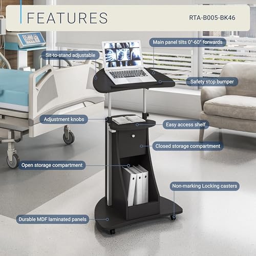 Techni Mobili Sit-to-Stand Mobile Medical Laptop Computer Cart, Black, Adjustable Height, B005 | Adjustable height rolling laptop cart with storage, open shelf, wheels, sit‑to‑stand ideal for podium office medical use - color: Black