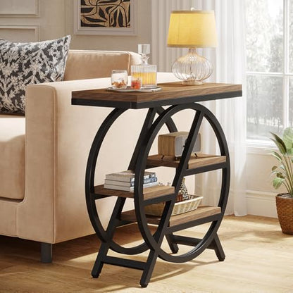 Tribesigns End Table for Living Room, 3-Tier Narrow Side Table with Storage, Wood Sofa Side Table with Geometric Metal Frame, Industrial Nightstand and Bedside Table for Bedroom, Light Brown - color: Light Brown